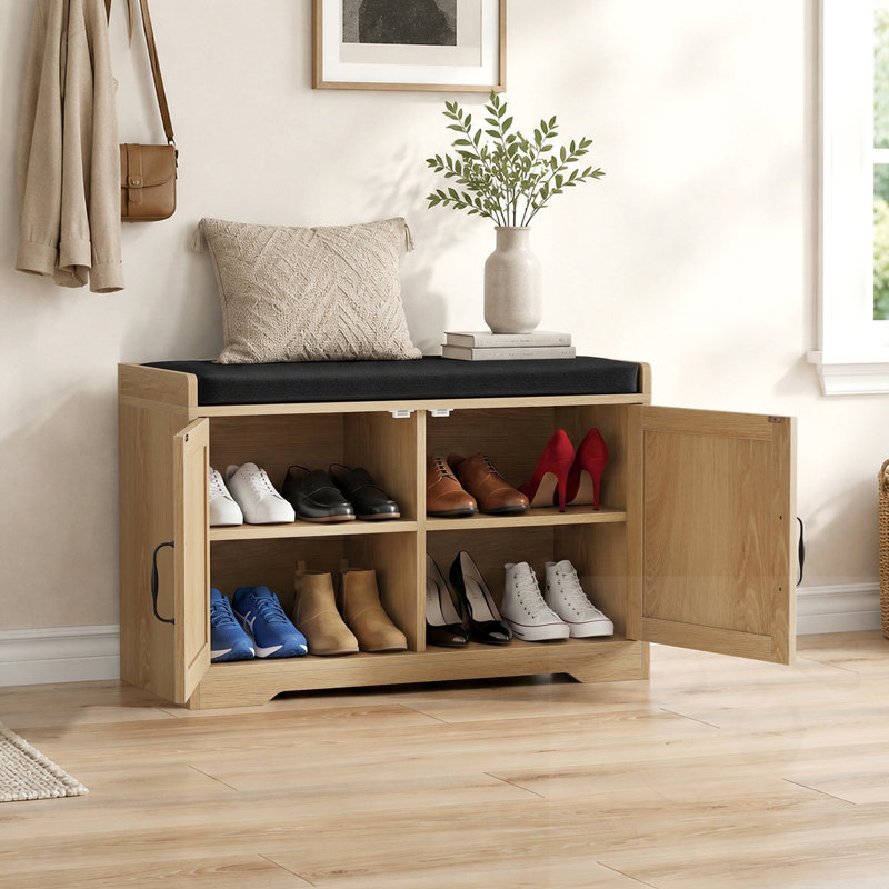 Banc de rangement rembourré avec portes, Naturel, Naturel