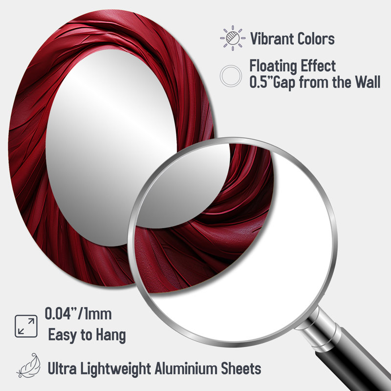 Red Winding Wonder - miroir mural décoratif à spirales abstraites, miroir rouge, impression sur métal, 40 po x 30 po, Ovale