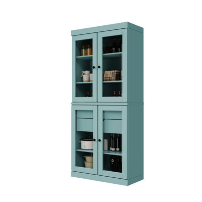 Garde-manger 100% bois massif Kaniesha 32 po avec portes en verre transparent, 2 tiroirs et tablettes réglables