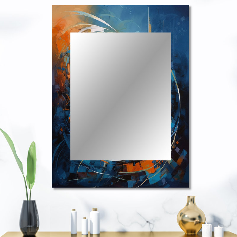 Orange et bleu géométrique équilibre IV - miroir mural décoratif géométrique, miroir bleu, art imprimé en métal