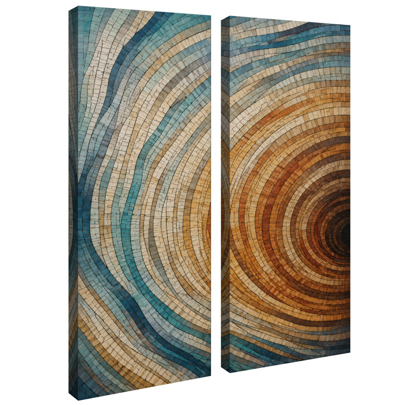 Ensemble de 2 tableaux encadrés sur toile, motif géométrique abstrait moderne à anneaux concentriques bleus et oranges (32 po x 12 po x 2 po).