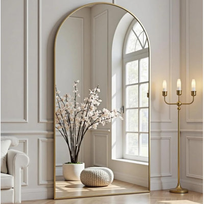 71" x 26" Gold Arched Full-Length Floor Mirror with Aluminum Metal Frame, Tempered Glass and Freestanding Stand