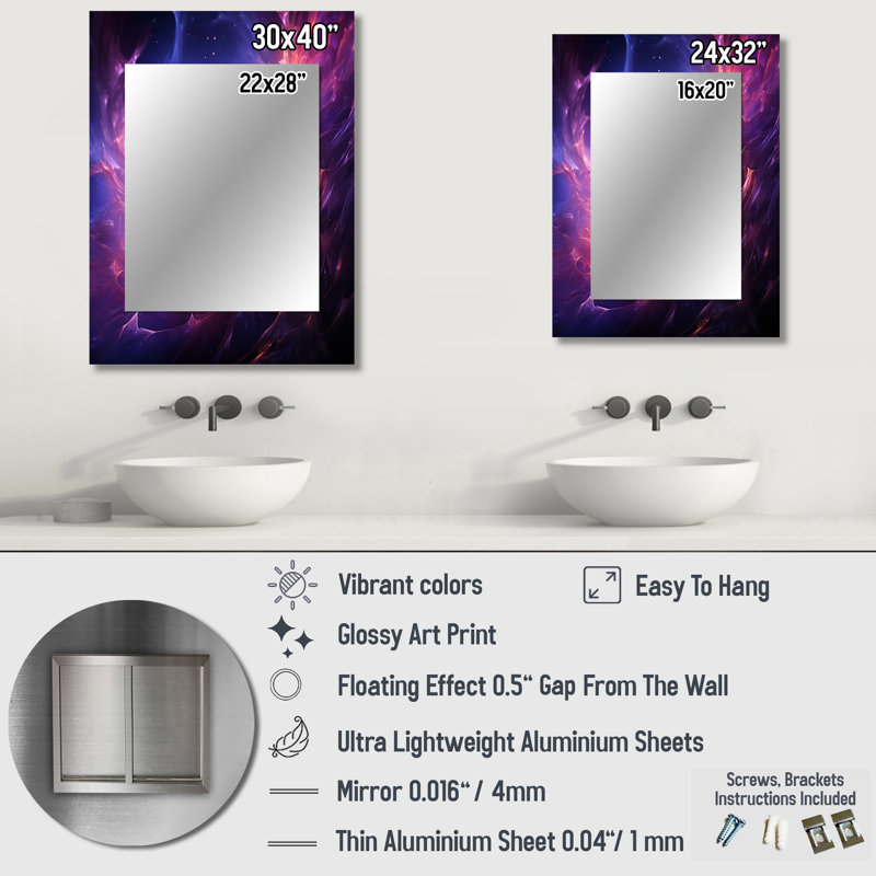 Purple Pink Abstract Fractal Cosmic Fusion - Fractals Unique Wall Mirror Decor, Purple Large Mirror, Printed Metal Art