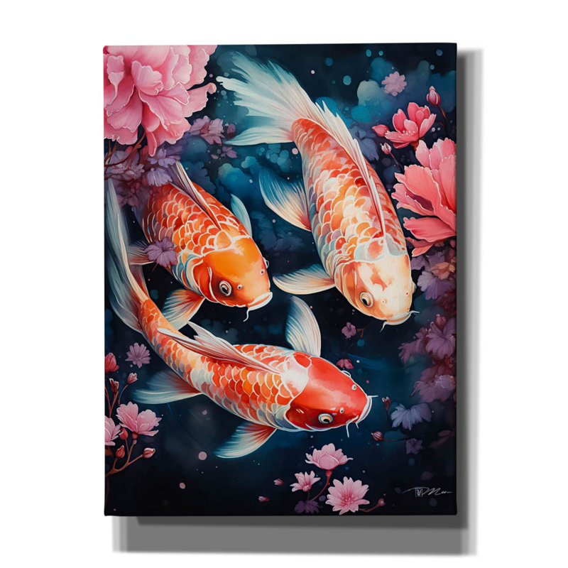 «Koi Carp and Peach Flowers» par Momart, art mural sur toile, H 16 po x l 12 po x P 0,75 po