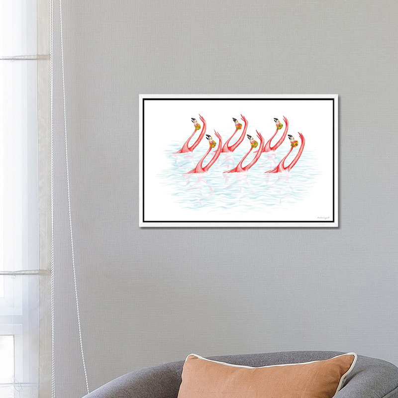 Flamingos Synchro Swim by Amélie Legault - Painting on Canvas, White Floater Framed, 45.72cm H x 66.04cm W x 3.81cm D