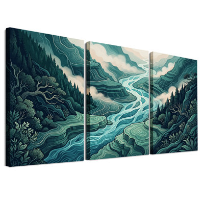 Ensemble de 3 toiles murales représentant une rivière sinueuse turquoise dans un canyon boisé