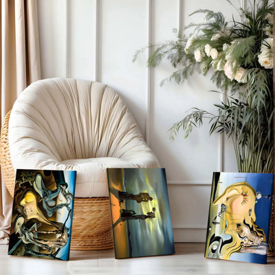 Ensemble de 3 affiches encadrées, inspirées du surréalisme et de Dali, sur toile. Peintures abstraites et oniriques pour un décor moderne (salon, chambre, bureau). Affiches décoratives créatives, prêtes à être accrochées.