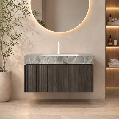 Meuble-lavabo de salle de bain luxueux en pierre frittée Mid-Century