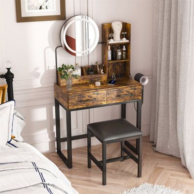 Coiffeuse de maquillage avec lumières DEL et 3 coiffeuses de maquillage avec prise de courant à 2 grands tiroirs avec pieds en métal robustes et chaise en métal, coiffeuse pour le vestiaire de la chambre à coucher (brun)