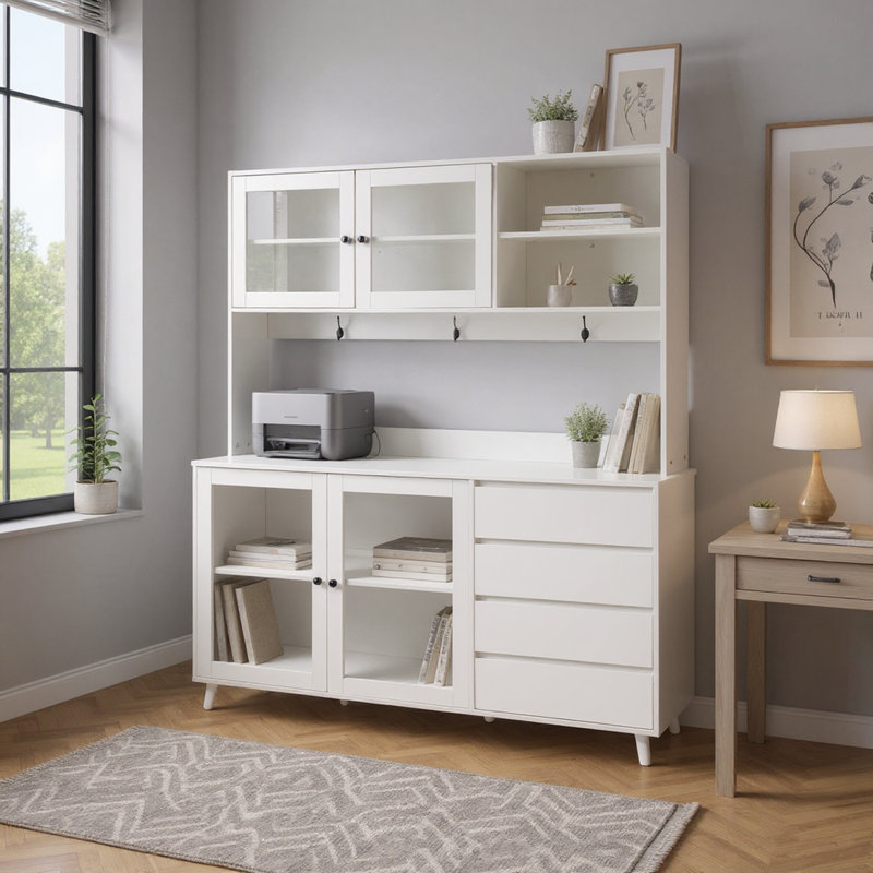 Grande armoire de bureau Swampscott avec tiroirs, portes en verre et tablettes ouvertes - Rangement en noyer de 63 po