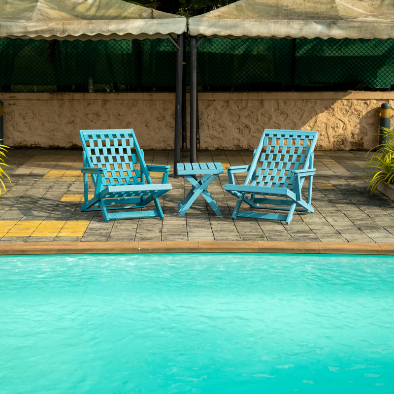 Pinecrest Fully Assembled All-Weather Outdoor Folding Lounge Chair and Table 3 Piece Set, Hawaiian Blue