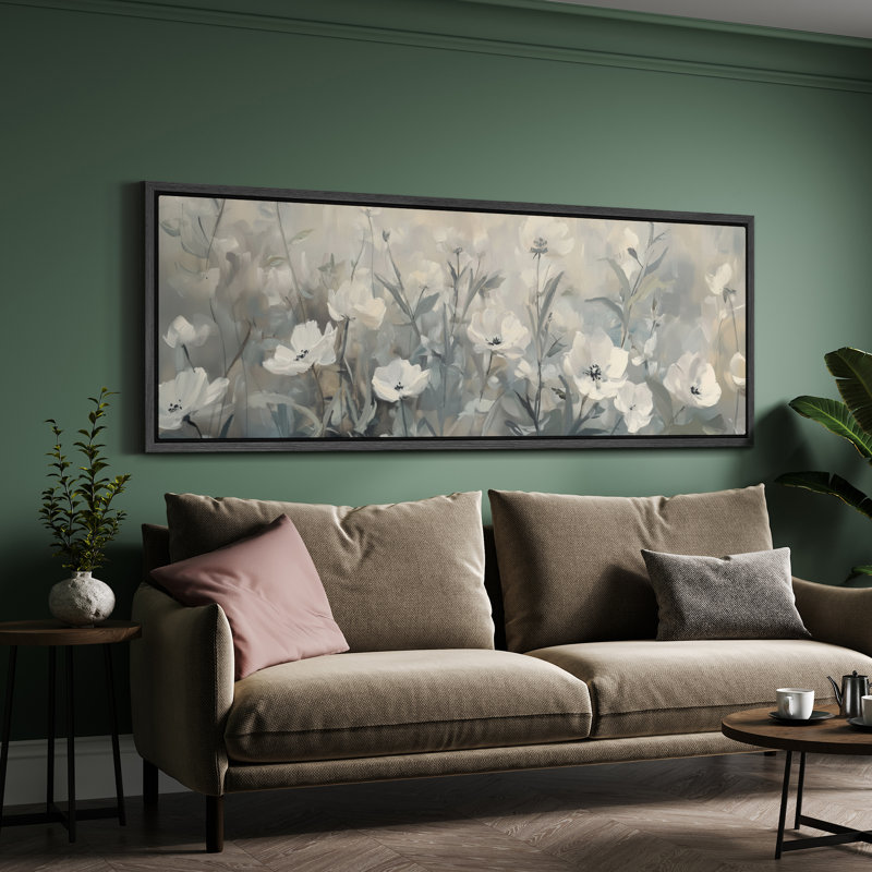 «Greenish Gray Flowers Relaxing Calm», impression sur toile encadrée surdimensionnée, H 20 po x l 60 po