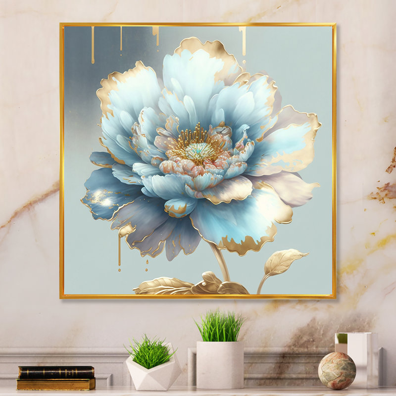«Chic Blue Blooming Flower IV - Floral», reproduction sur toile encadrée, 44" H x 44" W, Toile avec cadre flottant or