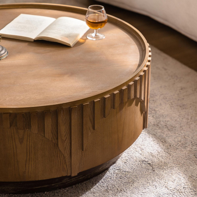 Table basse Table ronde ronde en bois massif avec placage en bois massif et piédestal robuste pour appartement et salon