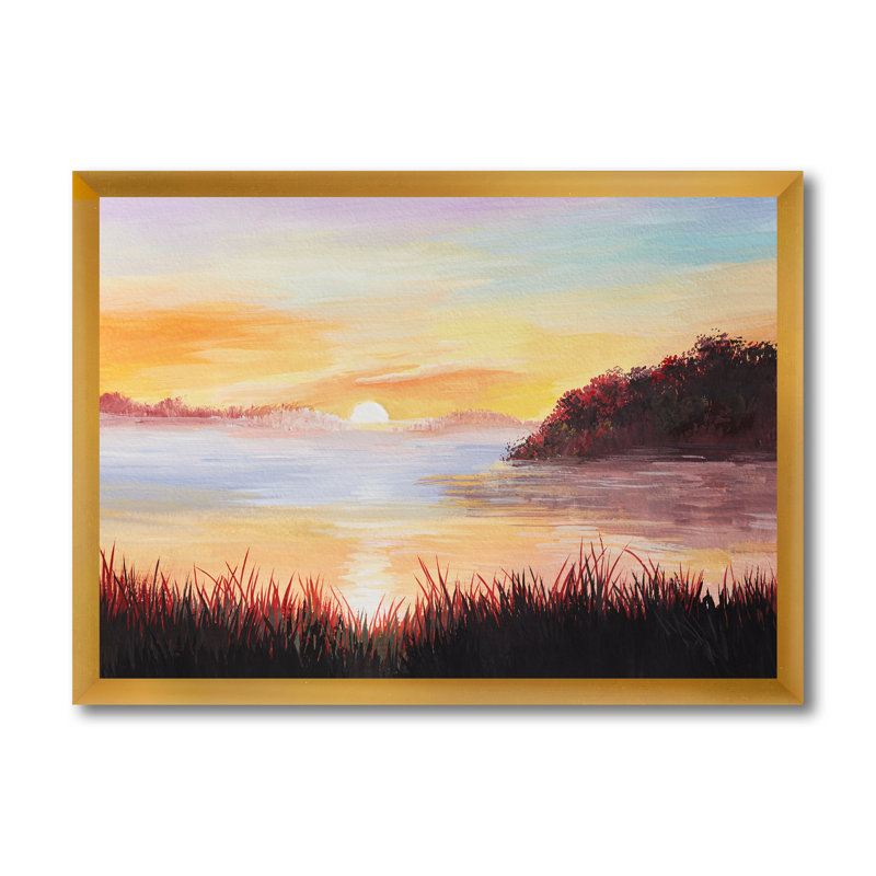 Sur le lac avec les roseaux - Peinture sur toile, H 12 po x l 20 po x p 1 po, Encadrement doré
