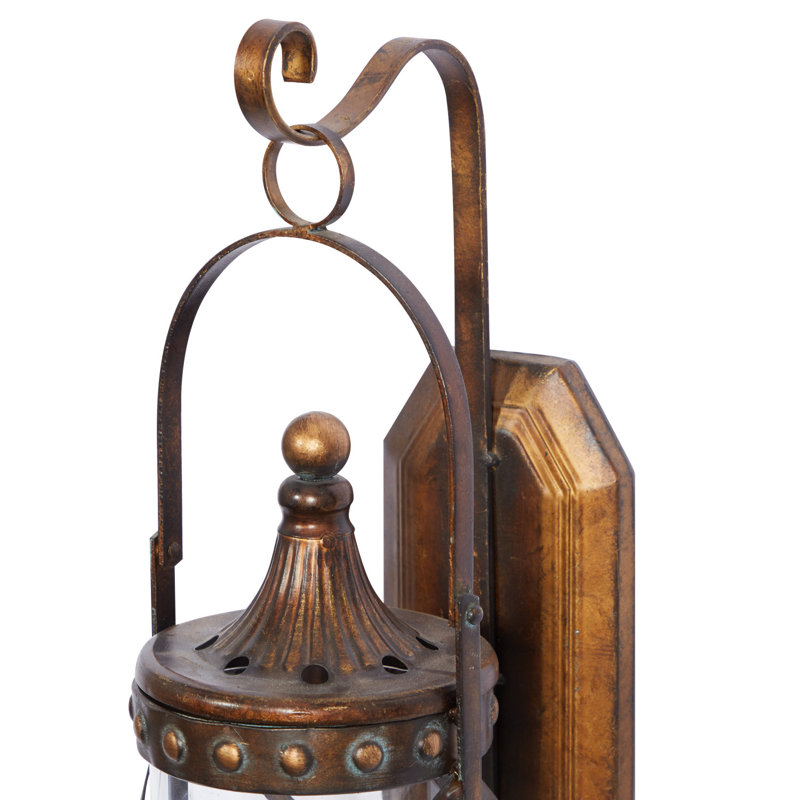 Metal Suspended Studded Fleur De Lis Indoor Outdoor Bronze Wall Sconce with Scroll Details