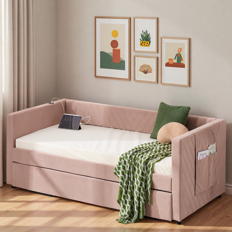 Upholstered Daybed With Trundle, Usb Port And Side Pockets, Pink