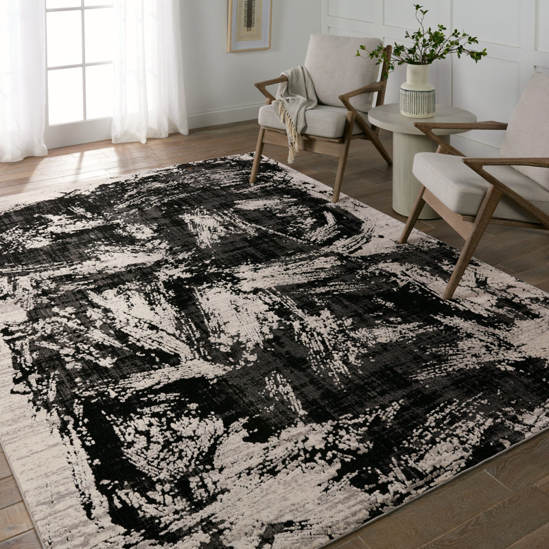 Tapis abstrait noir / crème, Tapis de couloir 2 pi 8 po x 8 pi