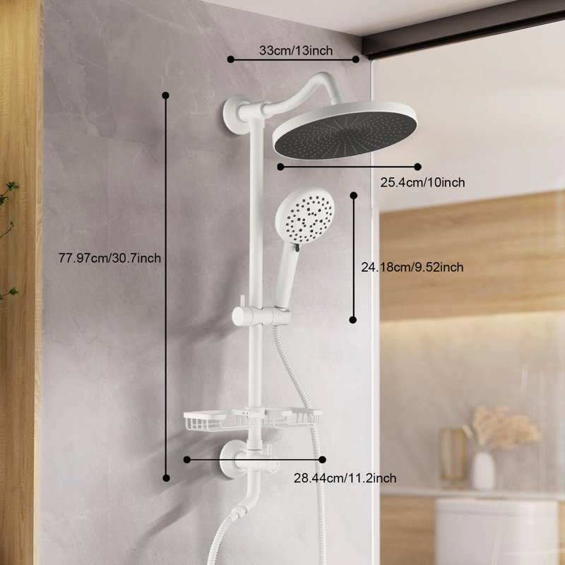 Système de douche mural, pomme de douche à pluie 10 "avec douchette coulissante et porte-savon, Blanc