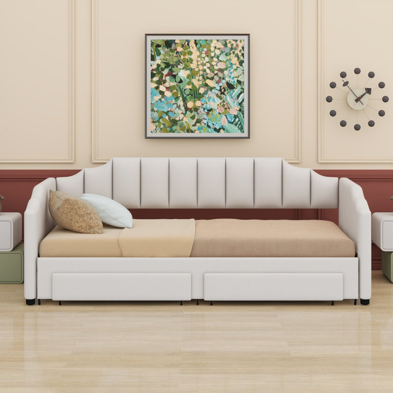 Lit de jour rembourré extensible avec tiroirs de rangement et lumière DEL, Beige