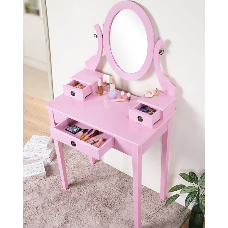 Table de maquillage rose à la mode - rangement à 3 tiroirs, miroir ovale réglable, matériau en bois, tiroirs de rangement de meuble-lavabo Blaze, matériau