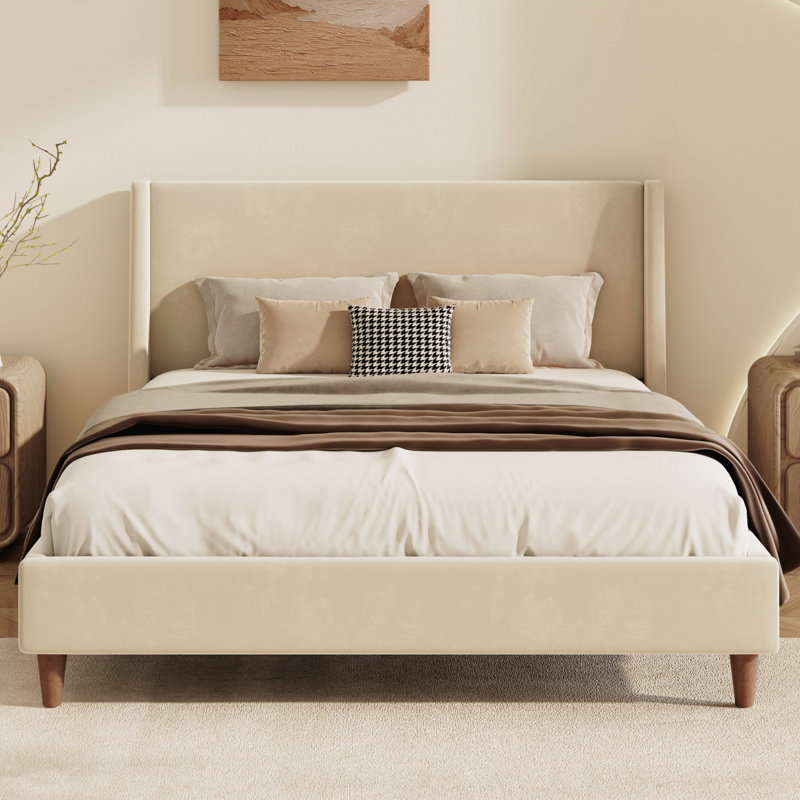 Upholstered Platform Bed With Wingback Headboard, Beige, Queen