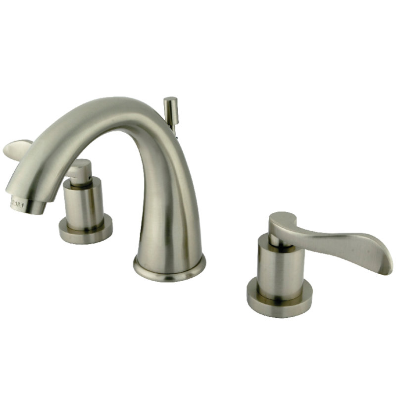 Kingston Brass NuWave Two-Handle 3-Hole Deck Mount Widespread Bathroom Faucet with Brass Pop-Up Drain, Brushed Nickel