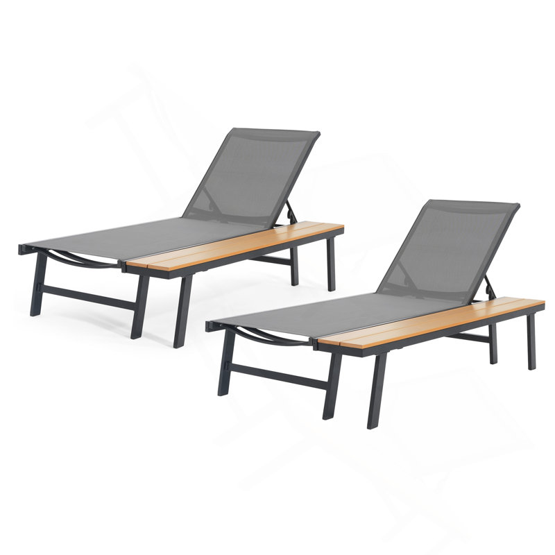Chaise Lounge With Attached Wood Side Table, Set of 2