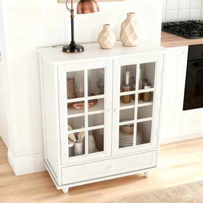 Minimalist Buffet Cabinet with Double Glass Doors and Drawer, Modern Wooden Storage Sideboard Cupboard for Living room, Dining Room Hallway Entryway