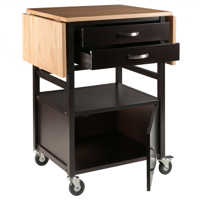 Light Wood and Black Drop Leaf Kitchen Cart with Storage