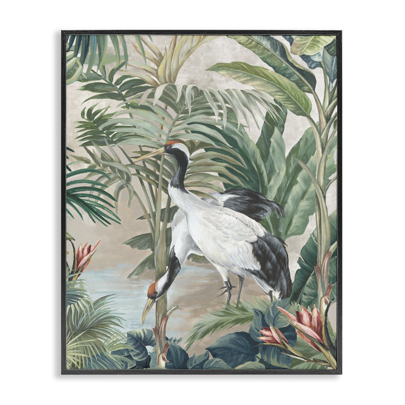 Tropical Oasis Cranes, art de la giclée encadrée par Eli Jones, Giclée encadrée noir minuit, H 30 po x l 24 po