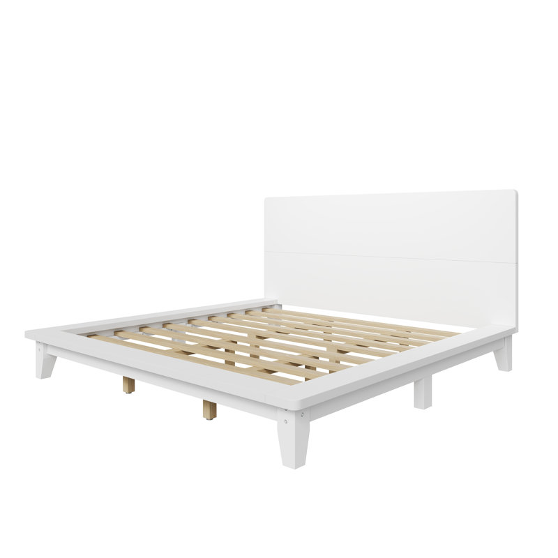 Structure de lit plateforme Mid-Century avec tête de lit et support à lattes de bois - bois d'hévéa massif, mobilier de chambre moderne, très grand lit, blanc