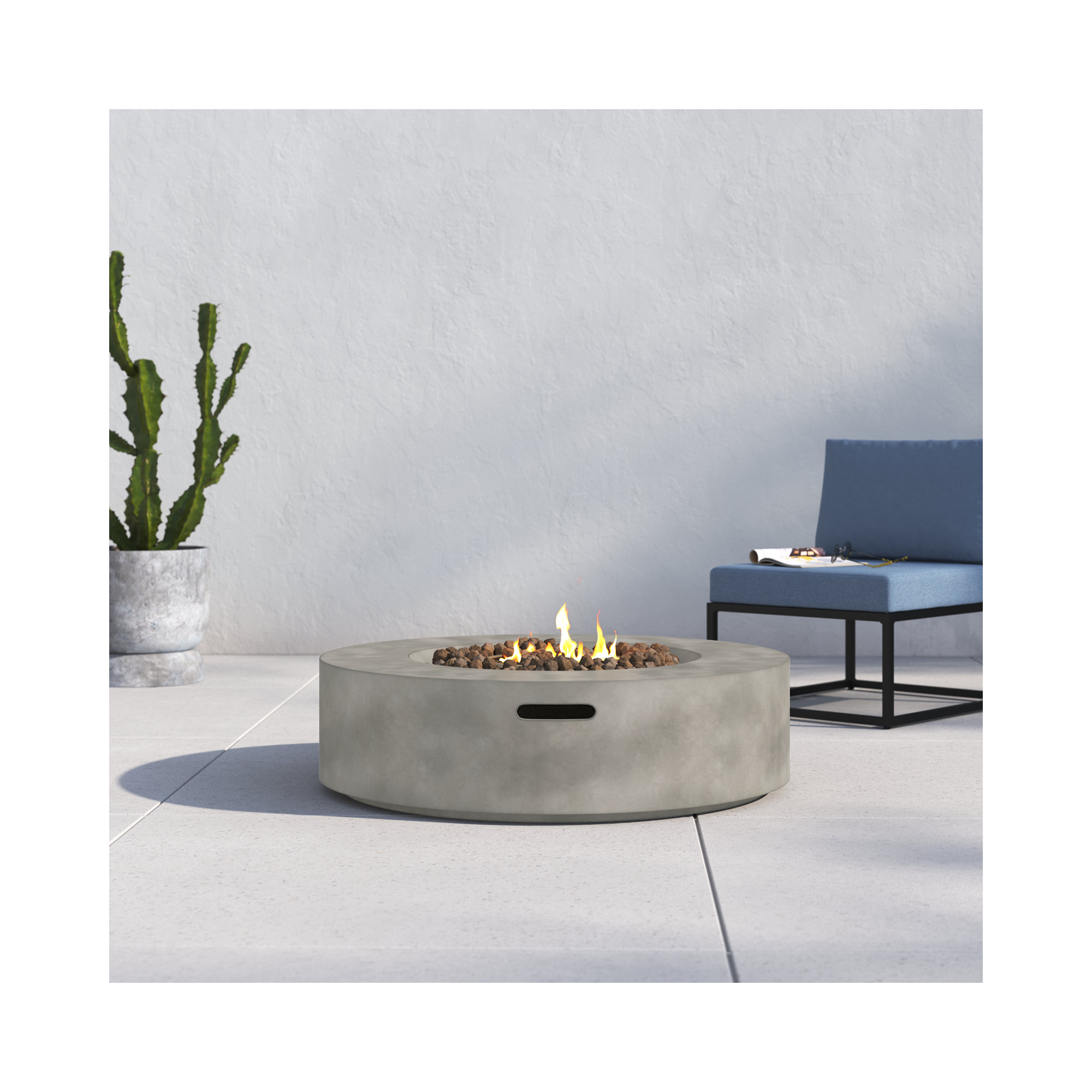 Rashid Concrete Outdoor Round Fire Pit Table, Natural Concrete, 12" H x 42" W x 42" D