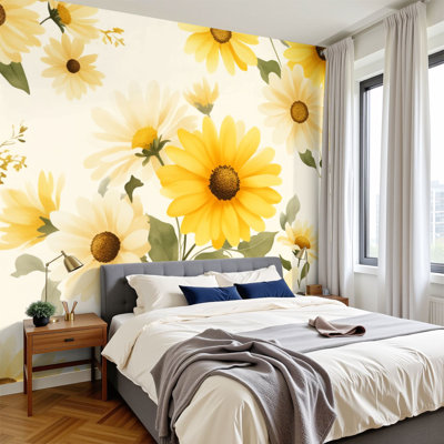 Boho Peel and Stick Wallpaper Yellow White Daisy Floral Soft Green Foliage Wall Murals 100"H x 144"W Removable PVC Wall Paper Self-Adhesive Wall Paintings Art Decor for Bedroom Living Room