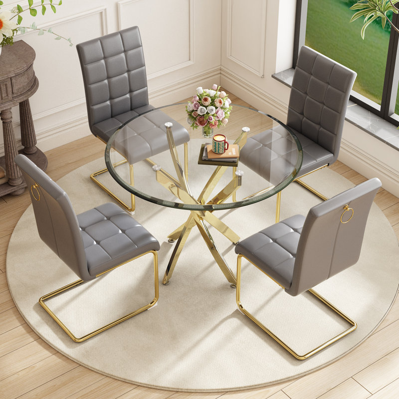 5- Piece Dining Table Set,Glass Top Metal Base Dining Tablewith 4 Faux Leather Dining Chairs, Gold, Gray/Gold