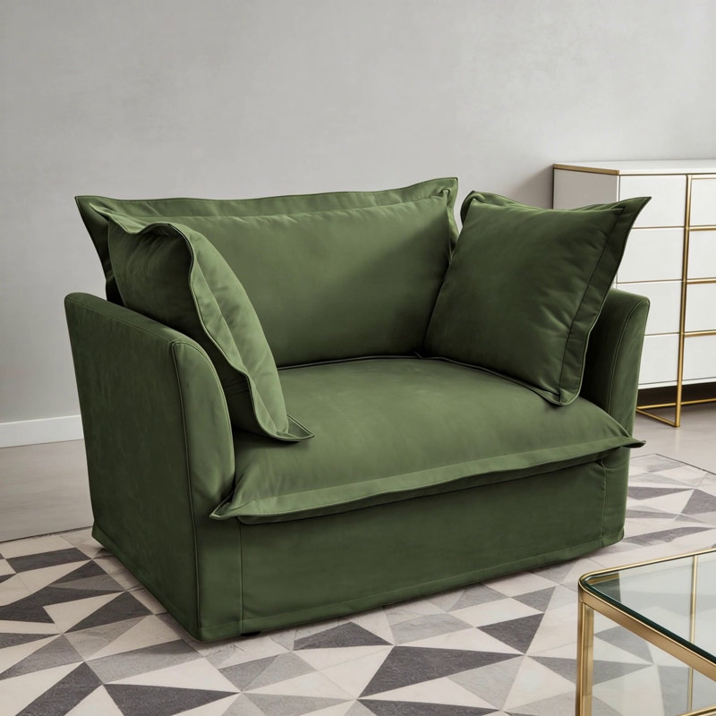 Fauteuil à housse avec 1 grand coussin de dossier et 2 grands coussins décoratifs, 1 canapé profond confortable et 1 siège large, plusieurs coussins moelleux, tissu chenille, vert