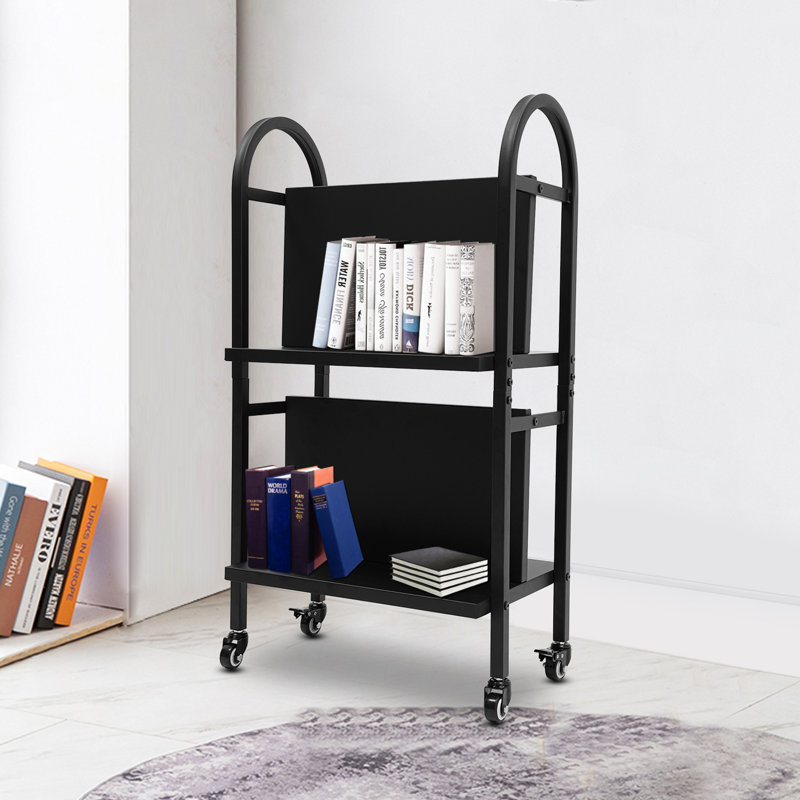 Rolling 4-compartment Book Storage and Display Stand, Black