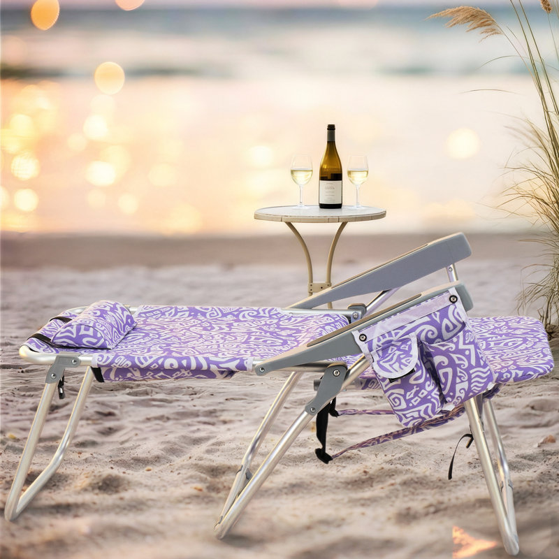 15"H Aluminum Reclining Folding Beach Chair 6-Positions With Cooler Bag And Cup Holder, Purple