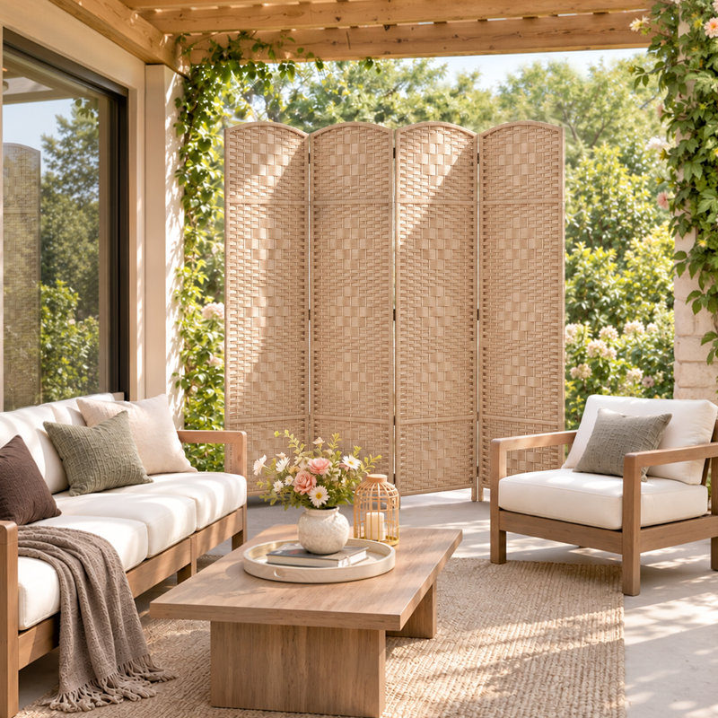 Elmina 6 Ft Folding Room Divider Privacy Screen Home Decor Diamond Weave Fibre Double Hinges, 4, Natural