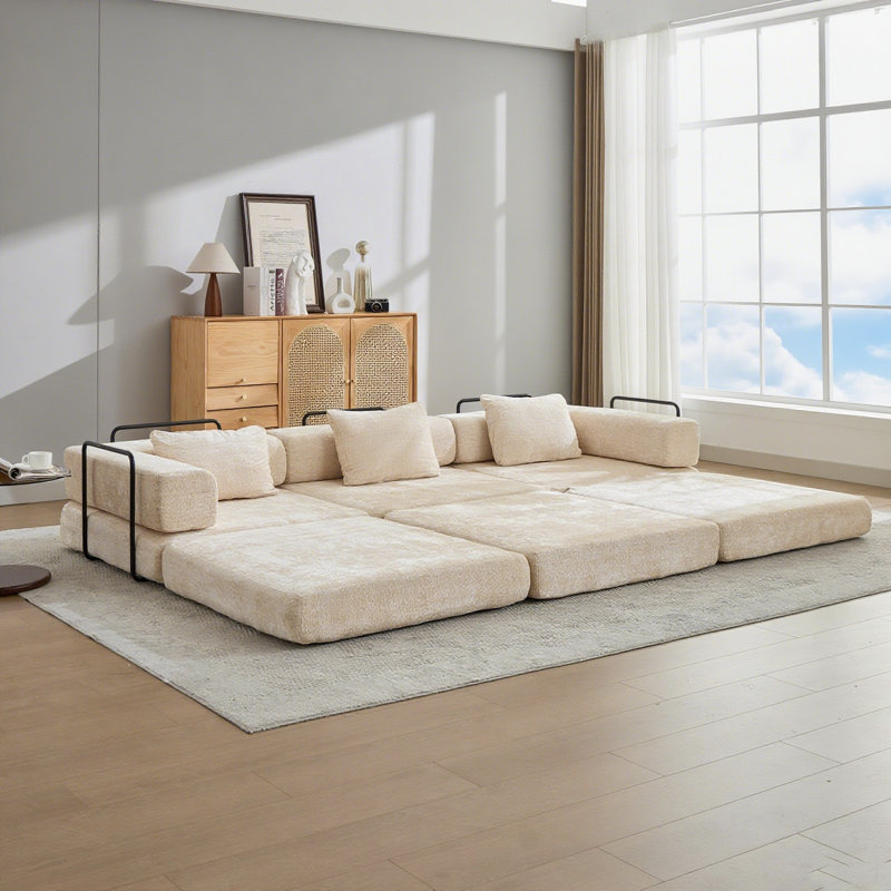 118.11" Chenille Convertible Floor Sofa Bed, Fixed-Shape Frame, No Assembly Required, Beige Chenille