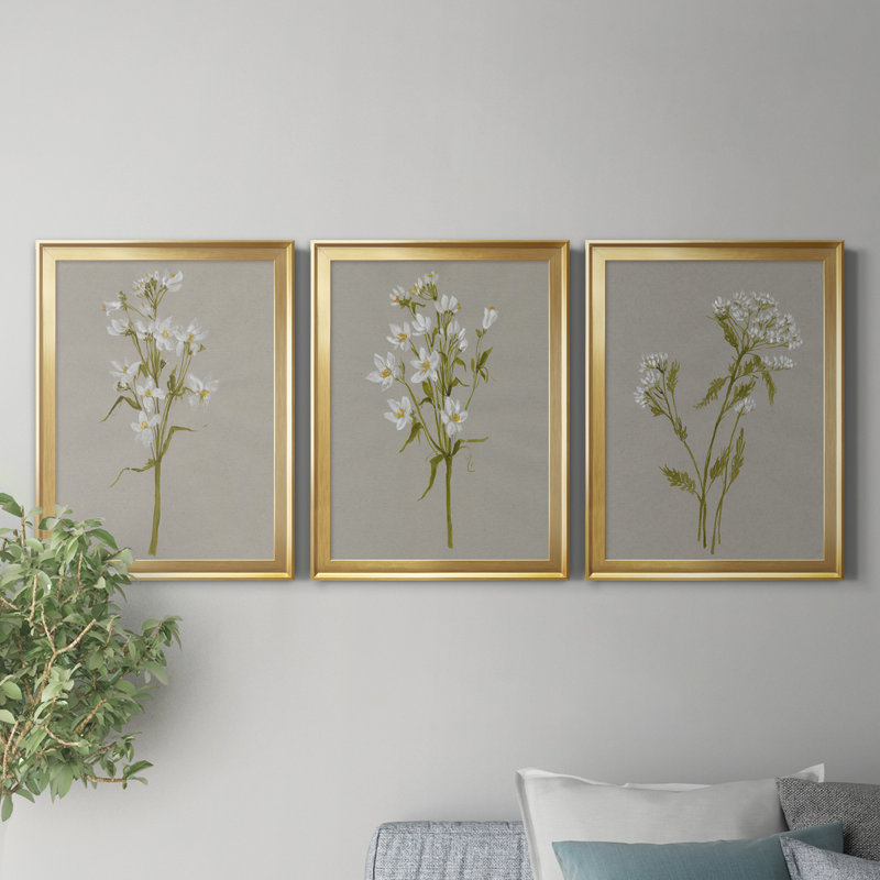 «White Field Flowers I», ensemble de 3 impressions sur toile encadrées, Doré, H 26,5 po x l 109,5 po x P 1,5 po