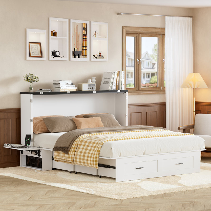 Grande armoire-lit escamotable pliable avec tables de chevet à double face et charge USB, cadre de lit plateforme peu encombrant pour appartement, studio, bureau personnel, chambre d'amis, assemblage facile, matelas non inclus