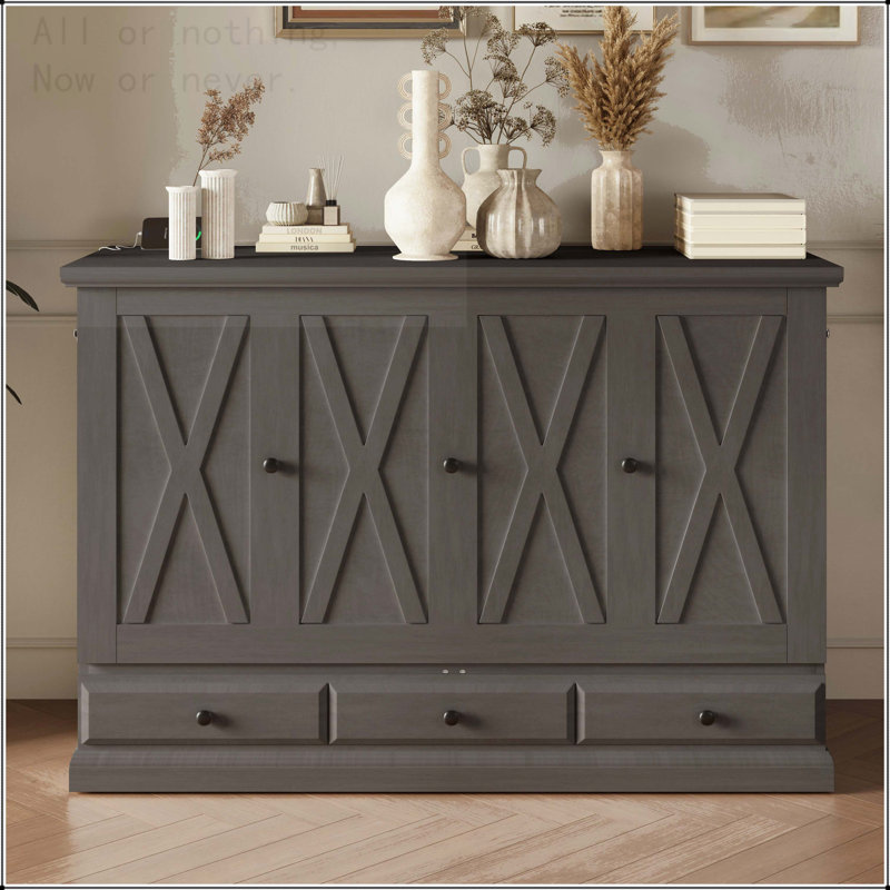 Armoire lit ferme Farmhouse avec station de charge et tiroir de rangement, Grand lit
