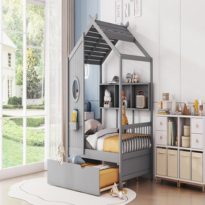 Lit double en bois avec lit gigogne en bois, design moderne pour enfants avec tablettes de rangement, gris