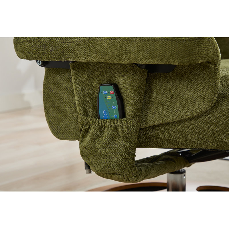 Fauteuil inclinable ergonomique avec repose-pieds, méridienne moderne pivotante à 360 ° avec repose-pieds, tissu chenille, massage par vibration à 5 points, siège chauffant et dossier réglable à 140 ° pour la maison ou le bureau, vert