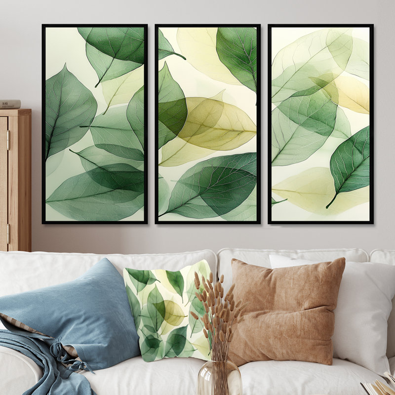 Feuilles transparentes mosaïque nature collage I - feuilles, art mural - 3 panneaux, H 28 po x l 36 po, Noir