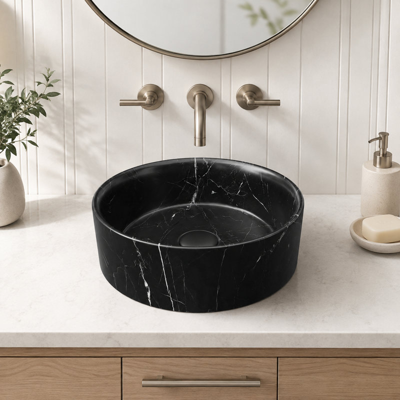 Lavabo de salle de bain vasque rond en céramique noir mat 14 "avec veines de pierre grise