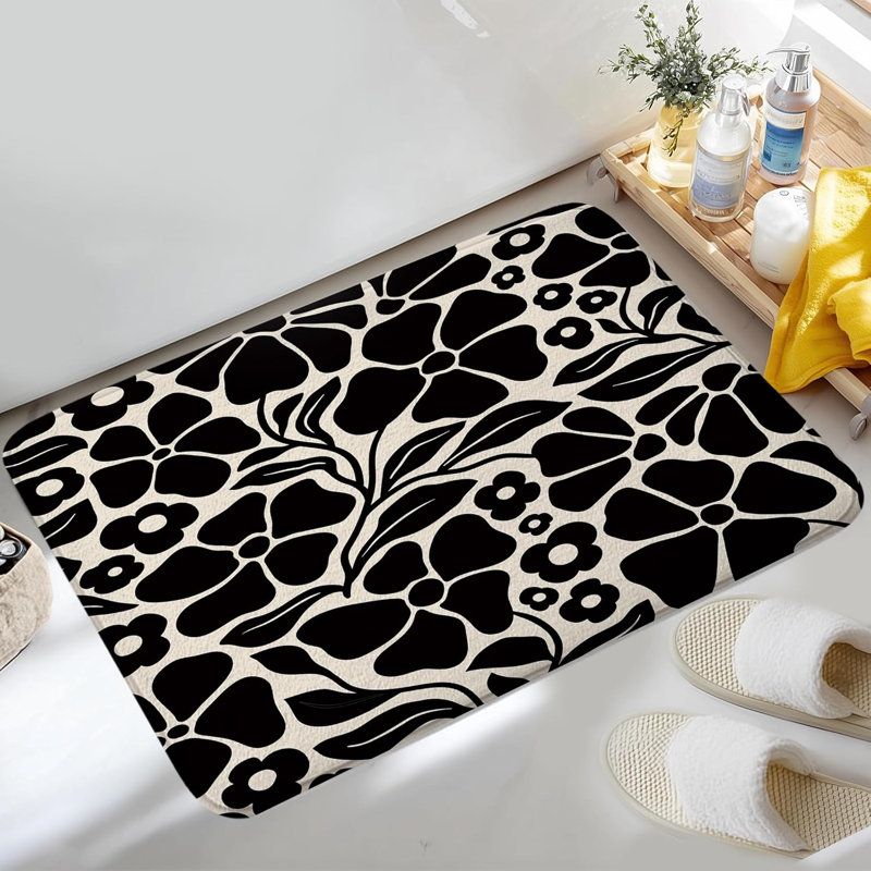 Tapis de salle de bain abstrait à motif de fleurs noires, tapis de salle de bain Boho
