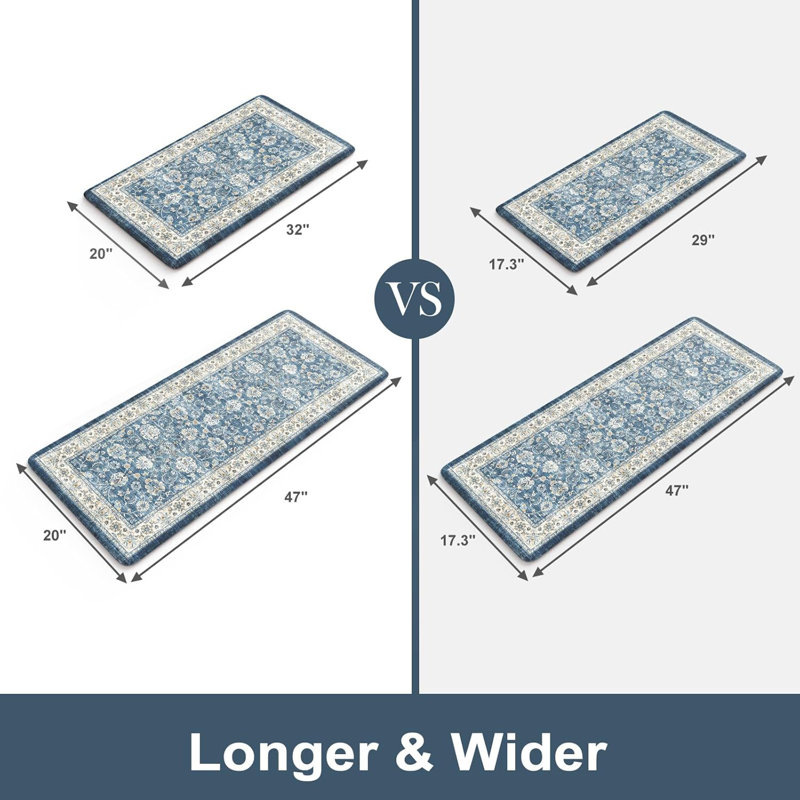 Boho Vintage Kitchen Rugs Sets of 2 Comfort Standing Mat, Blue, 119cm L x 44cm W