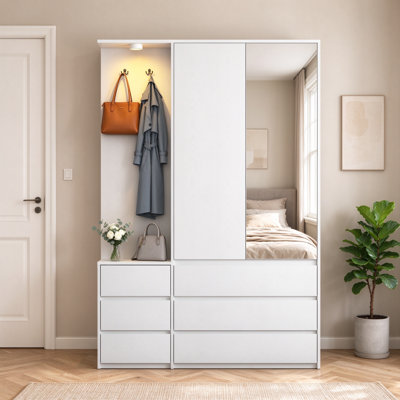 71.7"H Modern Armoire Wardrobe with 2 Doors, 6 Drawers and Light, Freestanding Wooden Closet Cabinet with Hanging Rail and Open Storage Shelves for Bedroom, White